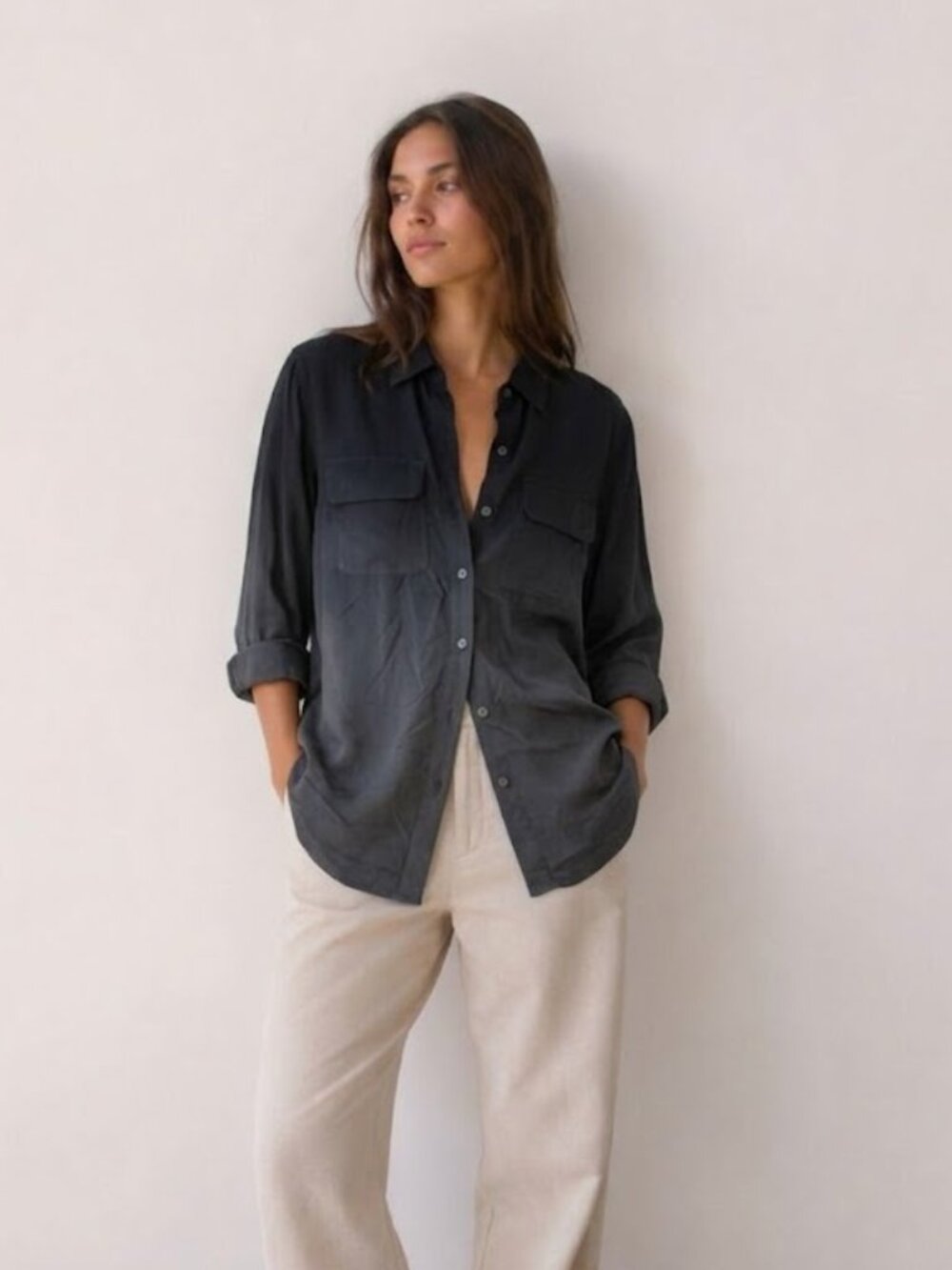 Everlane The Washable Clean Silk Two-Pocket Relaxed Shirt Black Size 0 NWOT